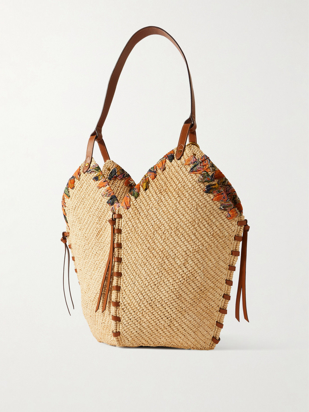 Isabel Marant Tampa Whipstitched Leather And Printed Silk-trimmed Raffia Shoulder Bag