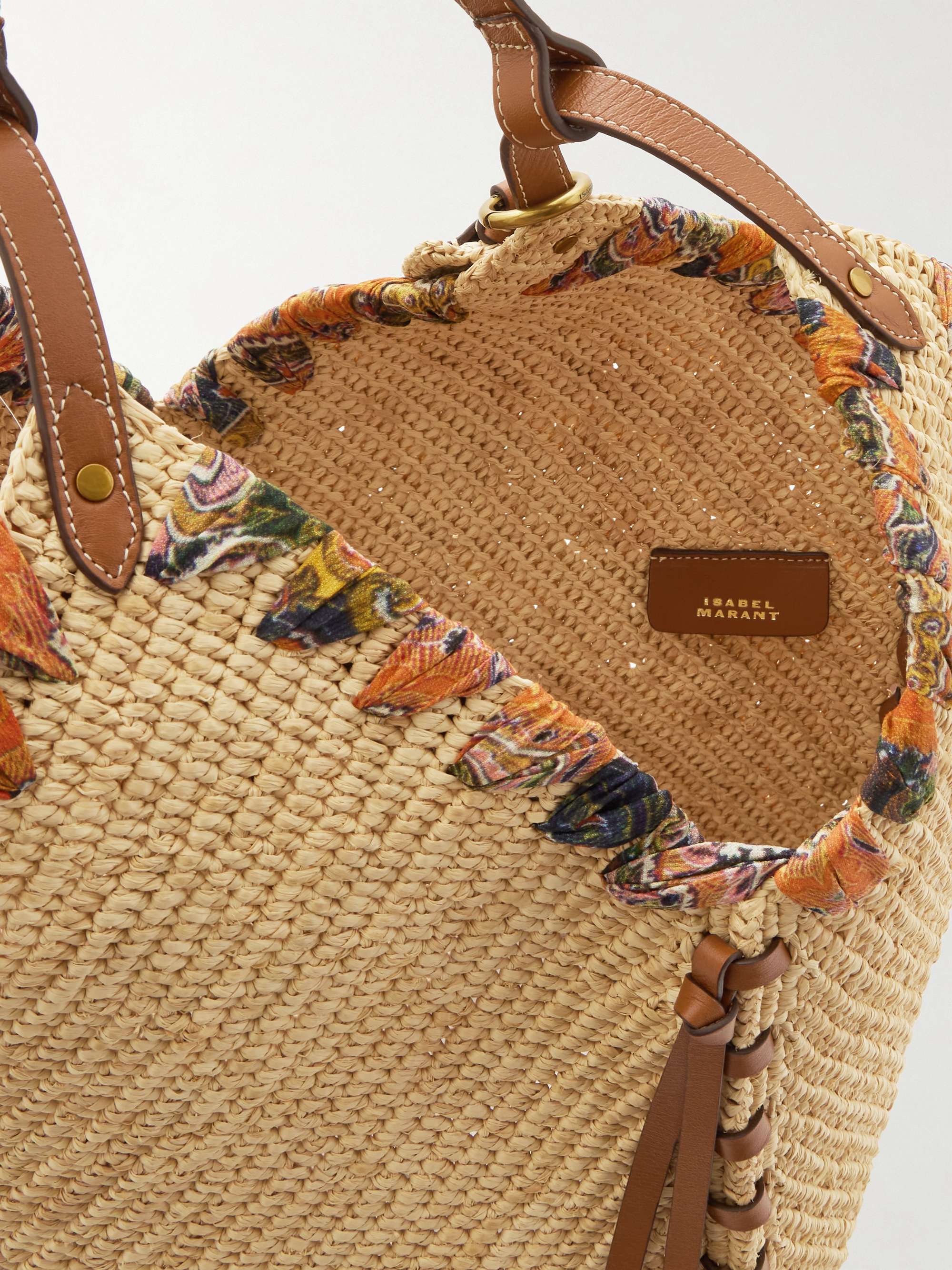 Tampa whipstitched leather and printed silk-trimmed raffia shoulder bag - neutral - One Size