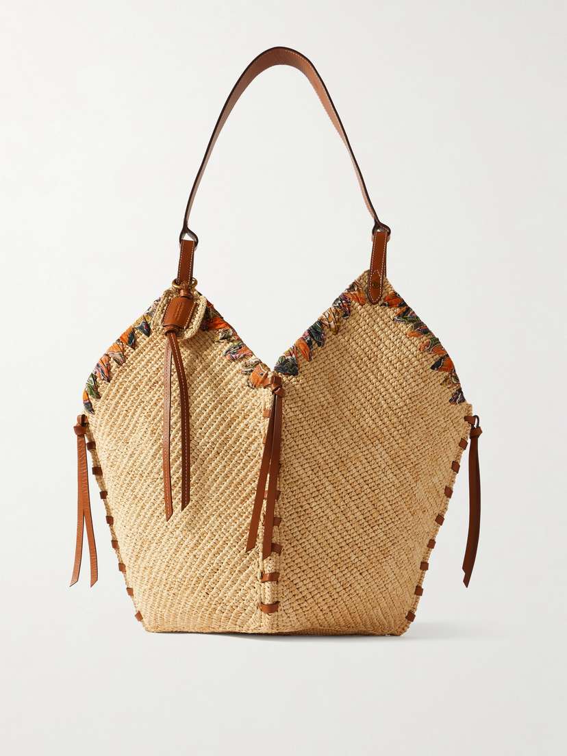 Isabel Marant Tampa Whipstitched Leather And Printed Silk-trimmed Raffia Shoulder Bag