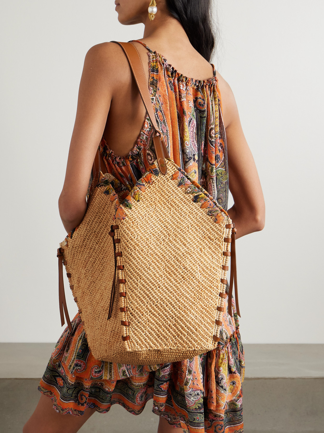 Isabel Marant Tampa Whipstitched Leather And Printed Silk-trimmed Raffia Shoulder Bag