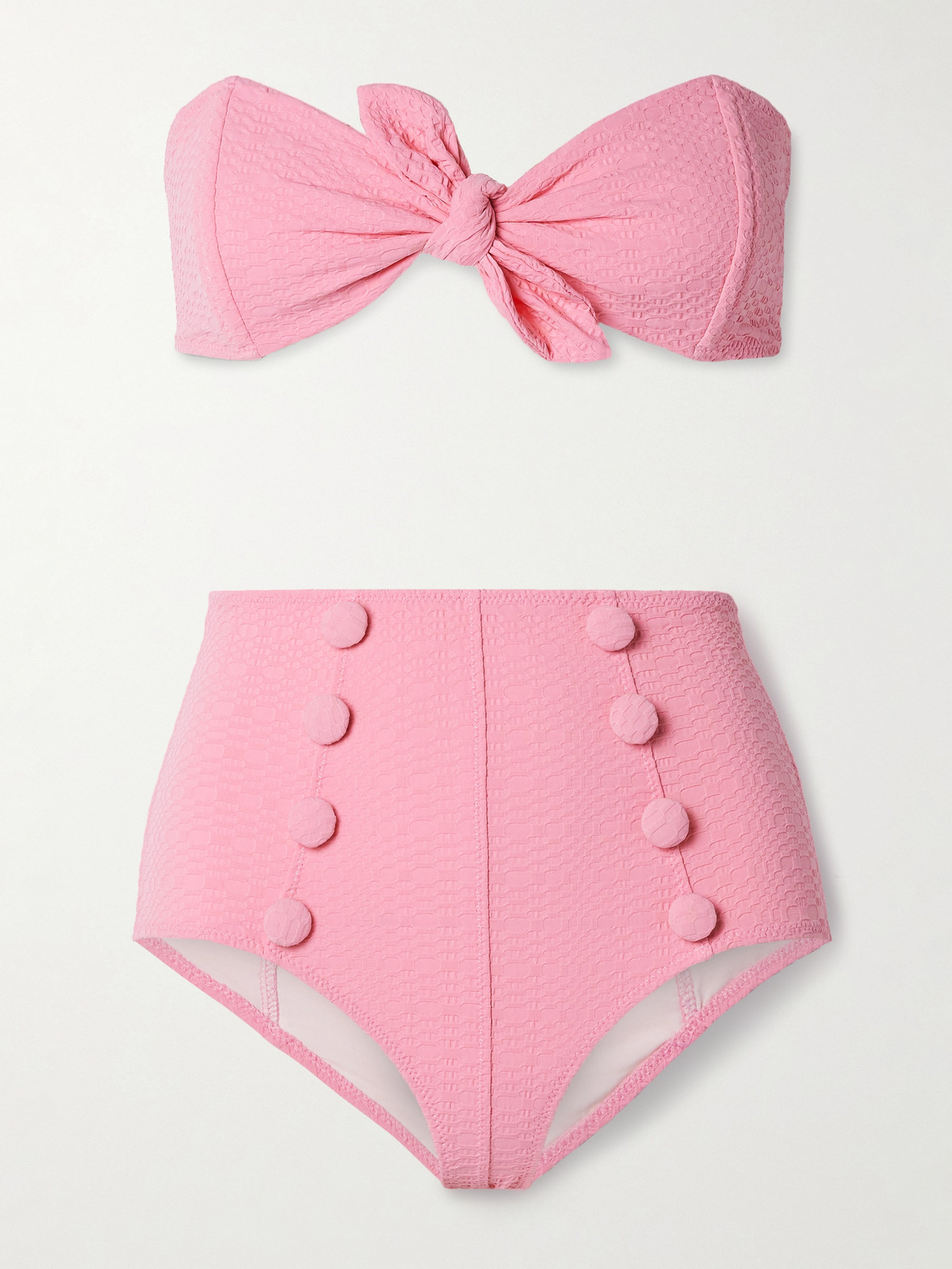 Lisa Marie Fernandez Poppy Strapless Button-embellished Seersucker Bikini In Pink