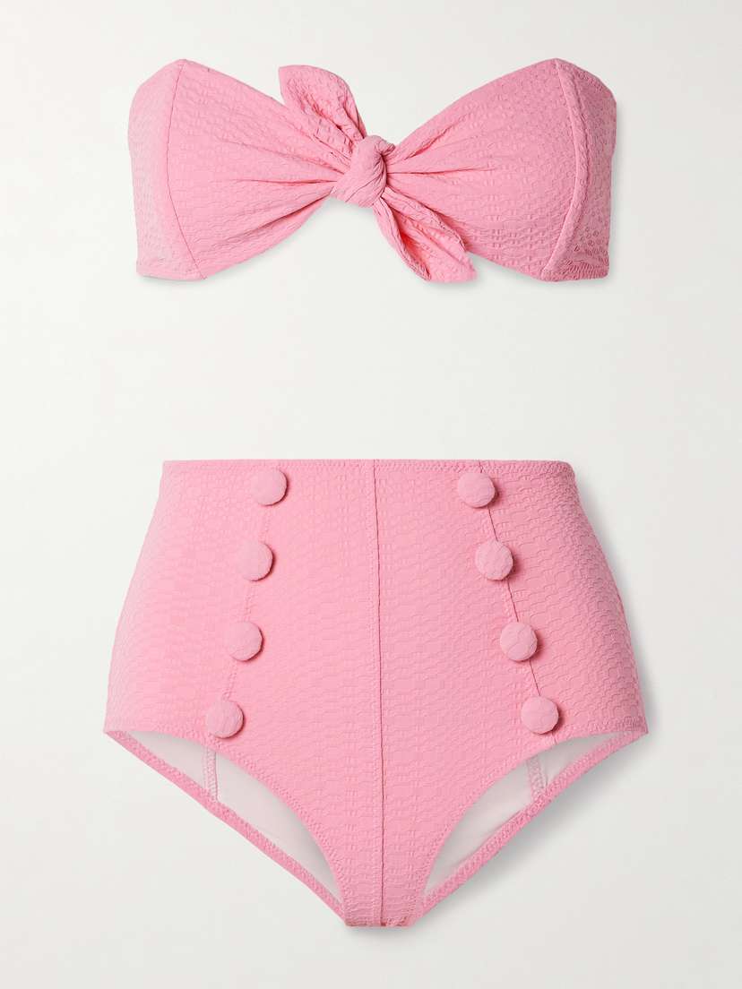 Lisa Marie Fernandez Poppy Strapless Button-embellished Seersucker Bikini