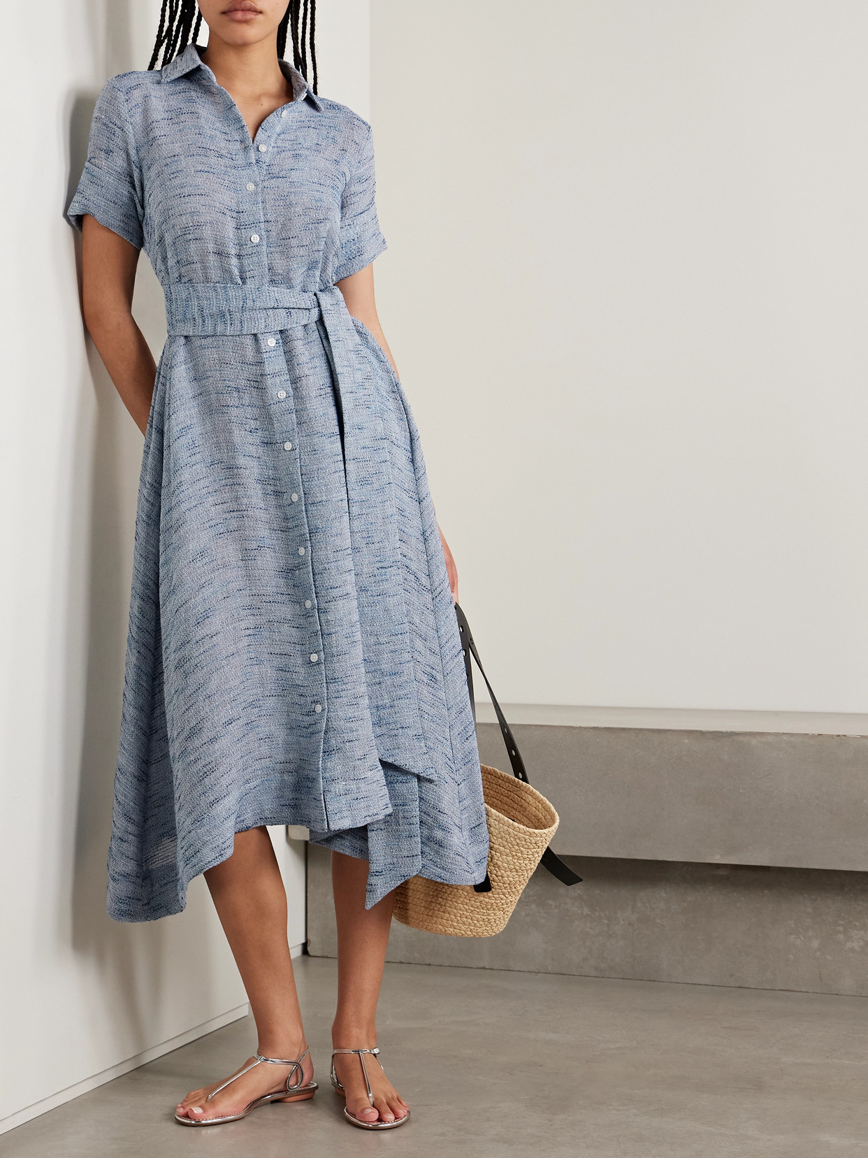 Lisa Marie Fernandez Belted Linen-blend Tweed Midi Shirt Dress