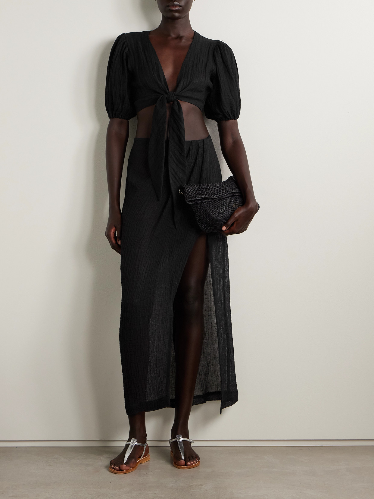 Lisa Marie Fernandez Cropped Tie-front Linen-blend Gauze Top In Black