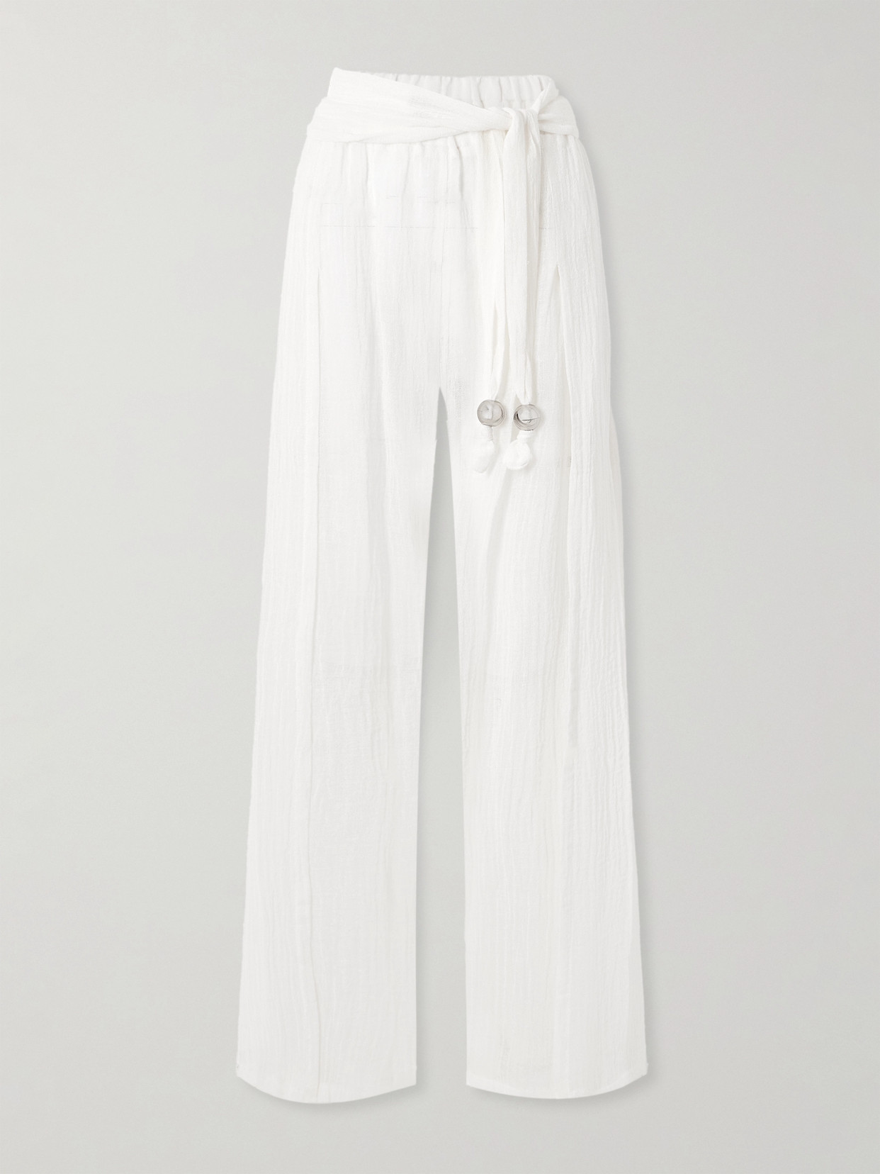 Lisa Marie Fernandez Embellished Belted Crinkled Linen-blend Gauze Wide-leg Pants