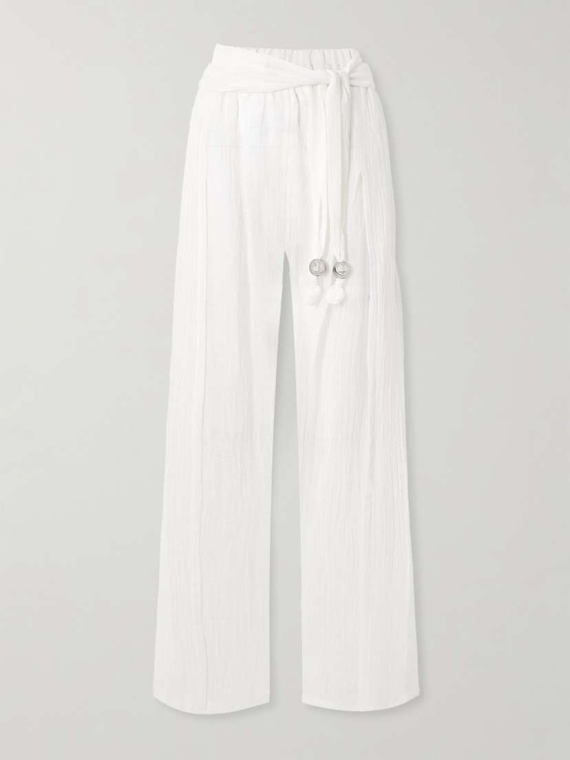Lisa Marie Fernandez Embellished Belted Crinkled Linen-blend Gauze Wide-leg Pants