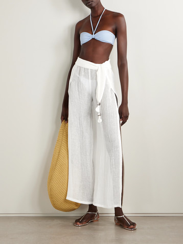 Embellished belted crinkled linen-blend gauze wide-leg pants