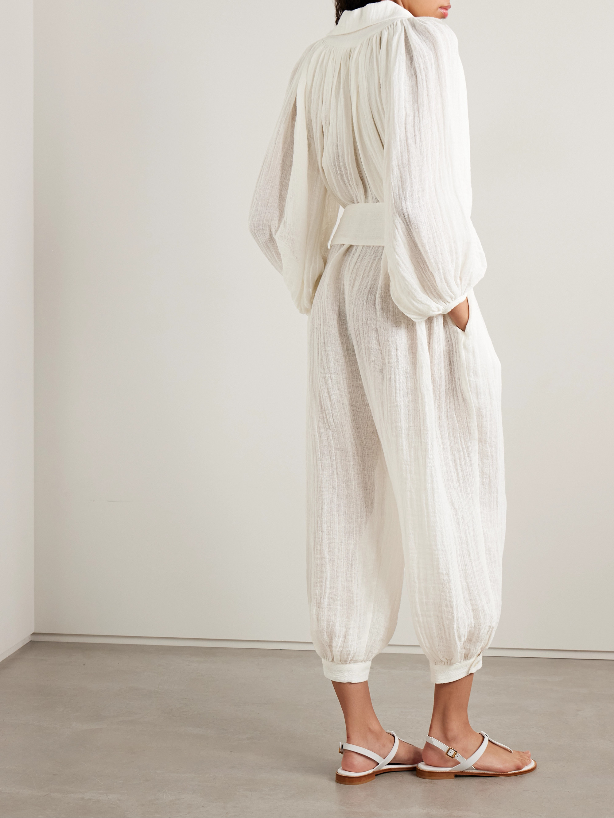 Lisa Marie Fernandez Poet belted cropped linen-blend gauze jumpsuit