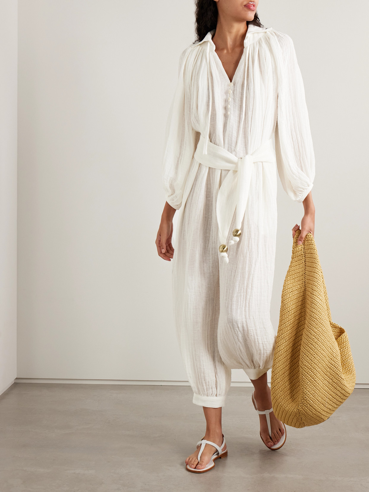 Lisa Marie Fernandez Poet Belted Cropped Linen-blend Gauze Jumpsuit