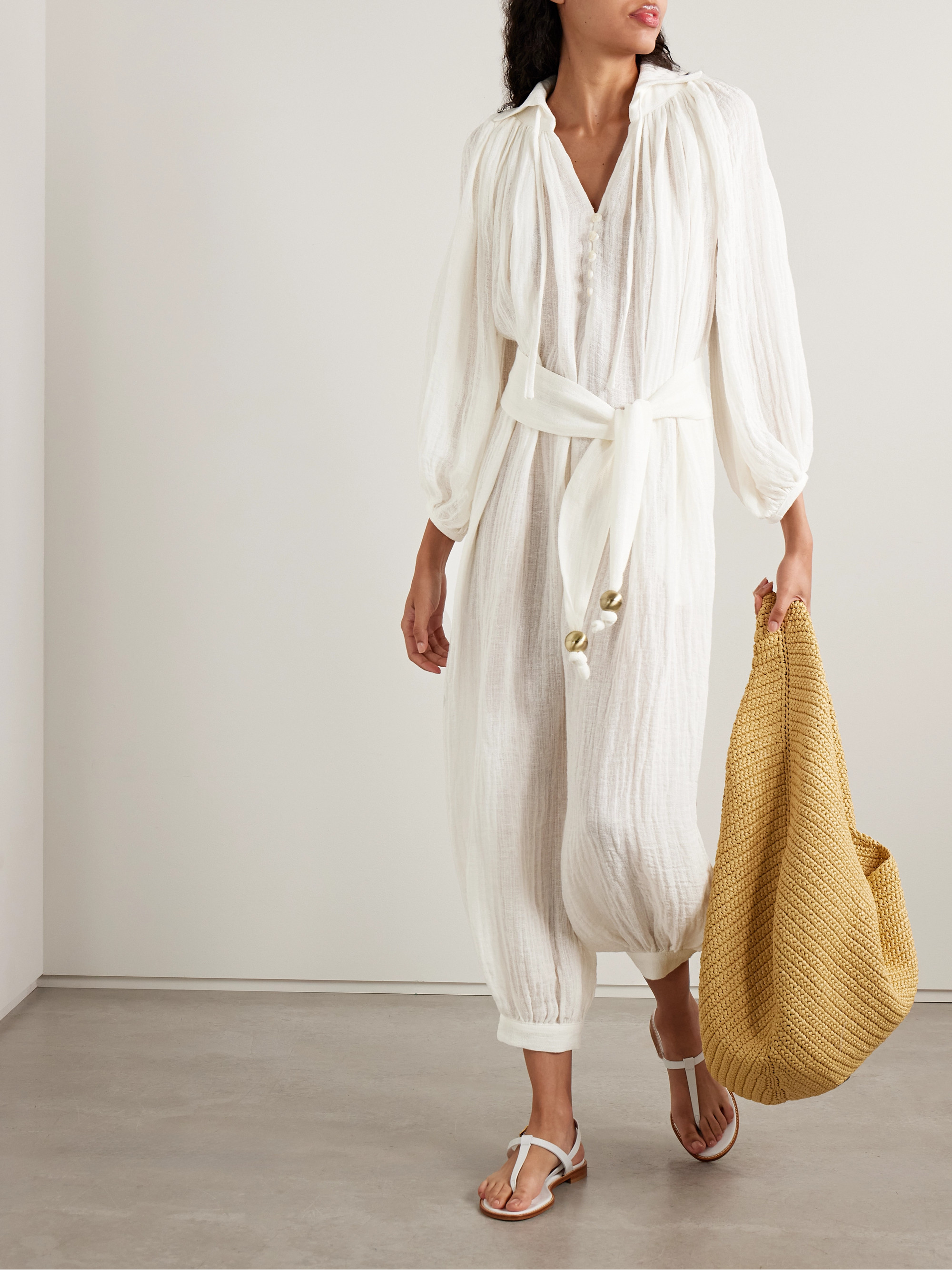 Lisa Marie Fernandez Poet belted cropped linen-blend gauze jumpsuit