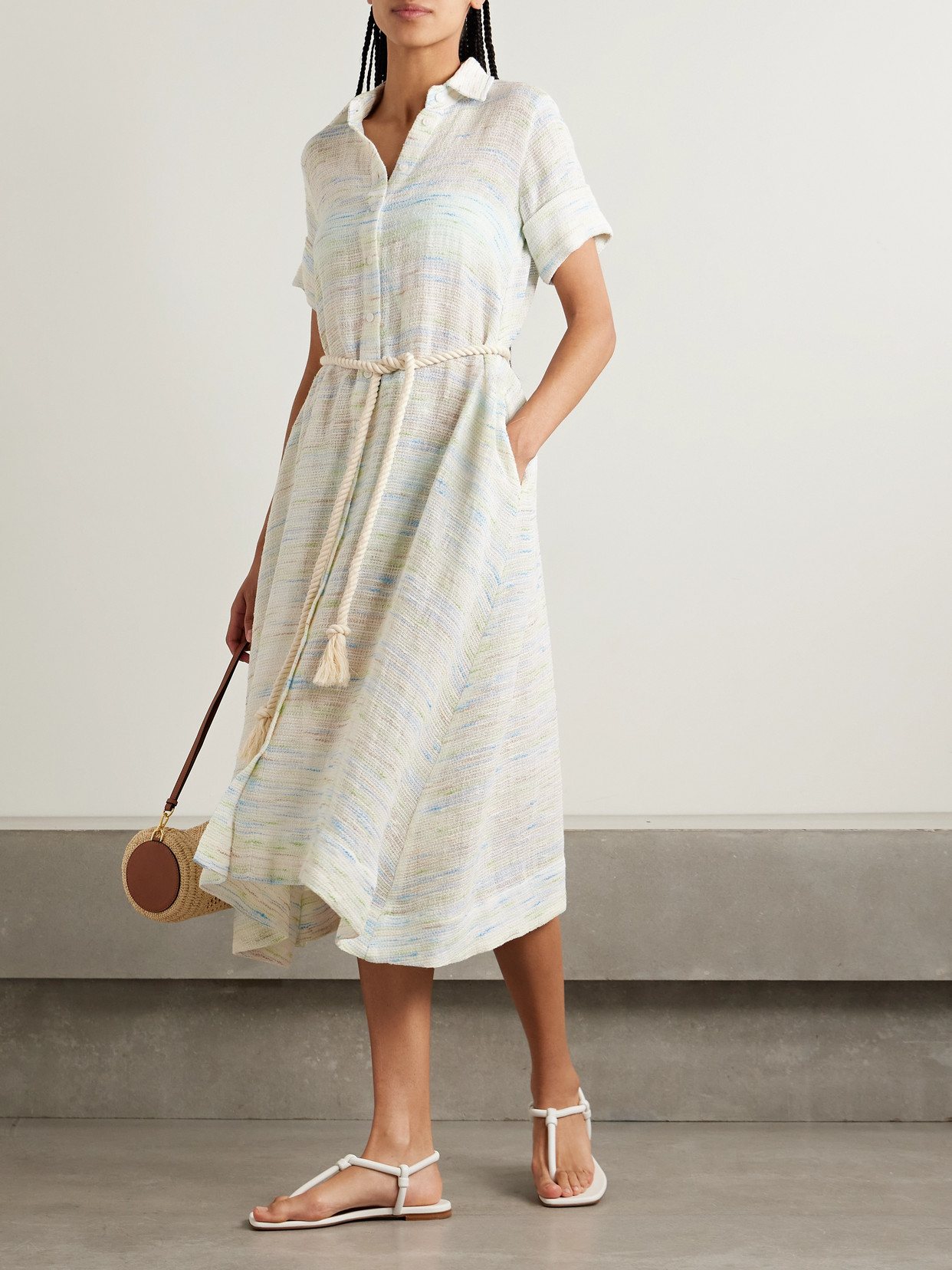 Lisa Marie Fernandez Belted Linen-blend Tweed Midi Shirt Dress
