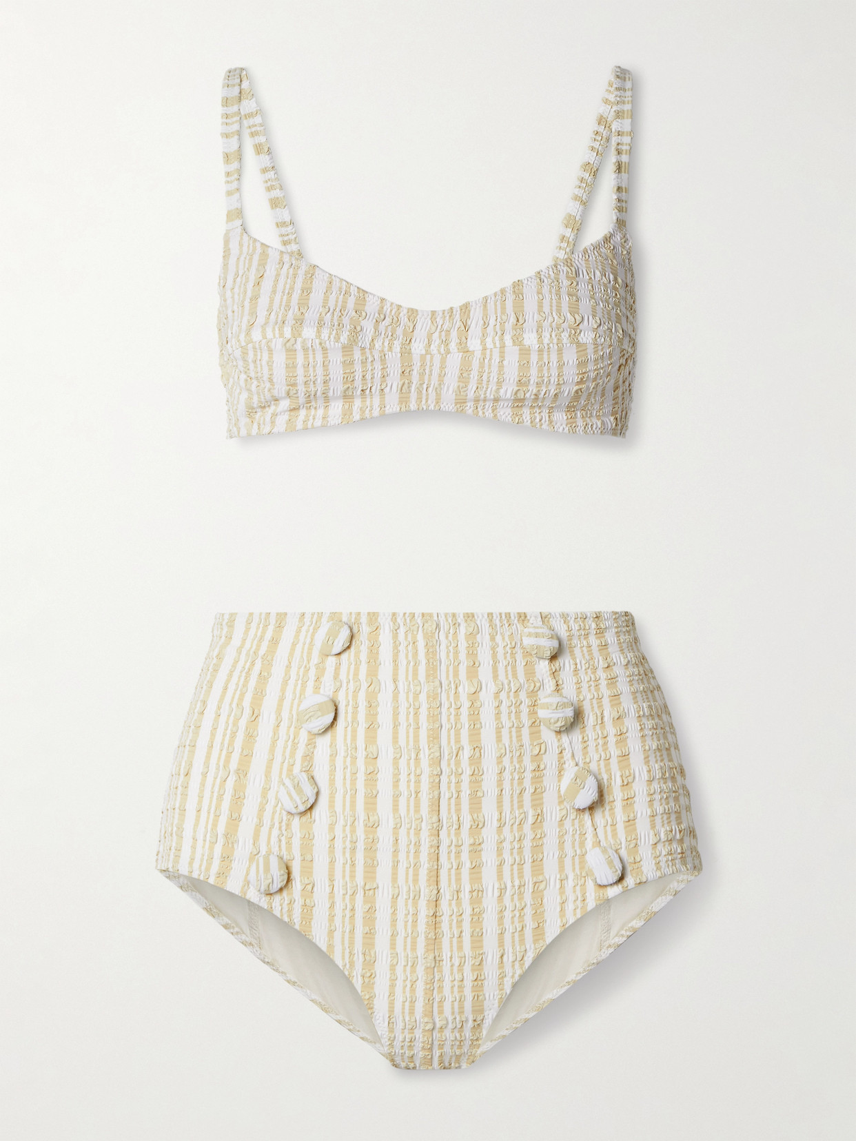 Lisa Marie Fernandez Button-embellished Striped Seersucker Bikini In Neutrals