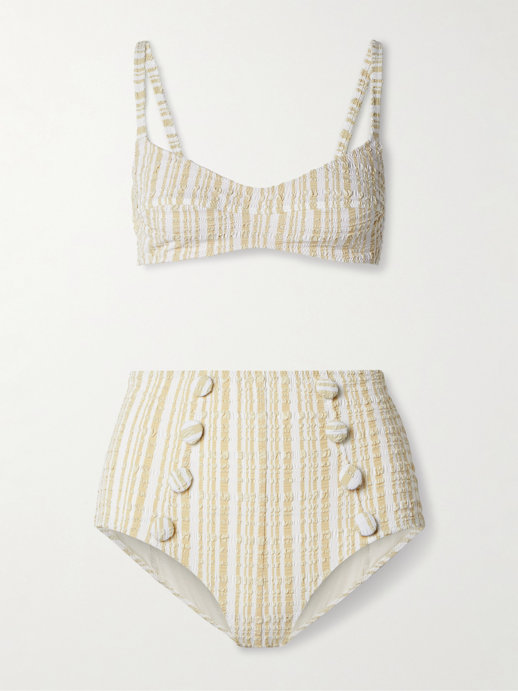Lisa Marie Fernandez Button-embellished striped seersucker bikini