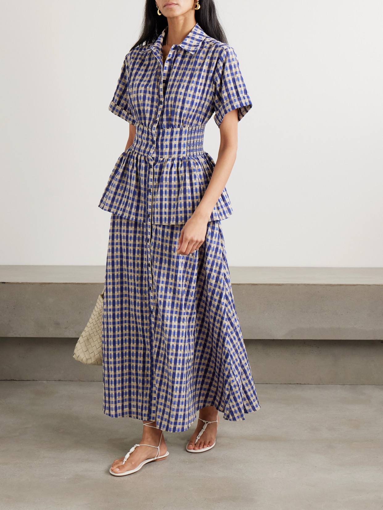 Rosie Assoulin Boogie Woogie Bugle Boy Checked Seersucker Maxi Shirt Dress