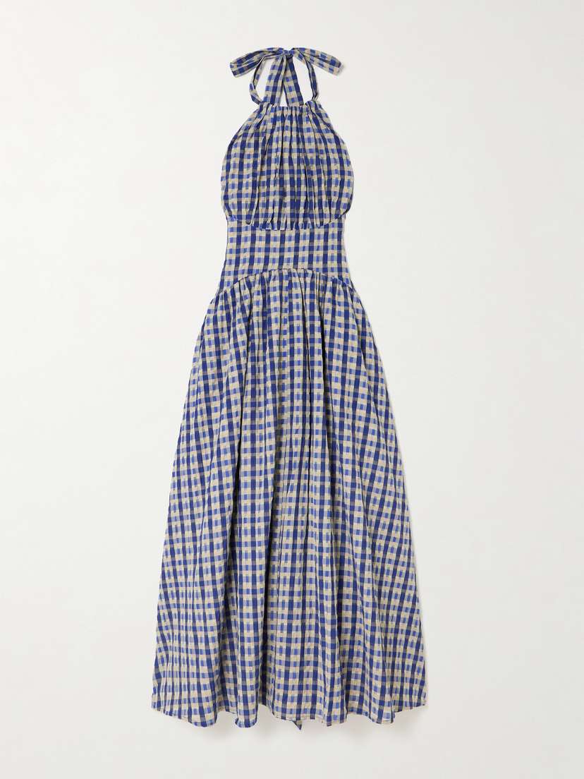 Rosie Assoulin Halter In The Name Of Love Gathered Checked Seersucker Midi Dress