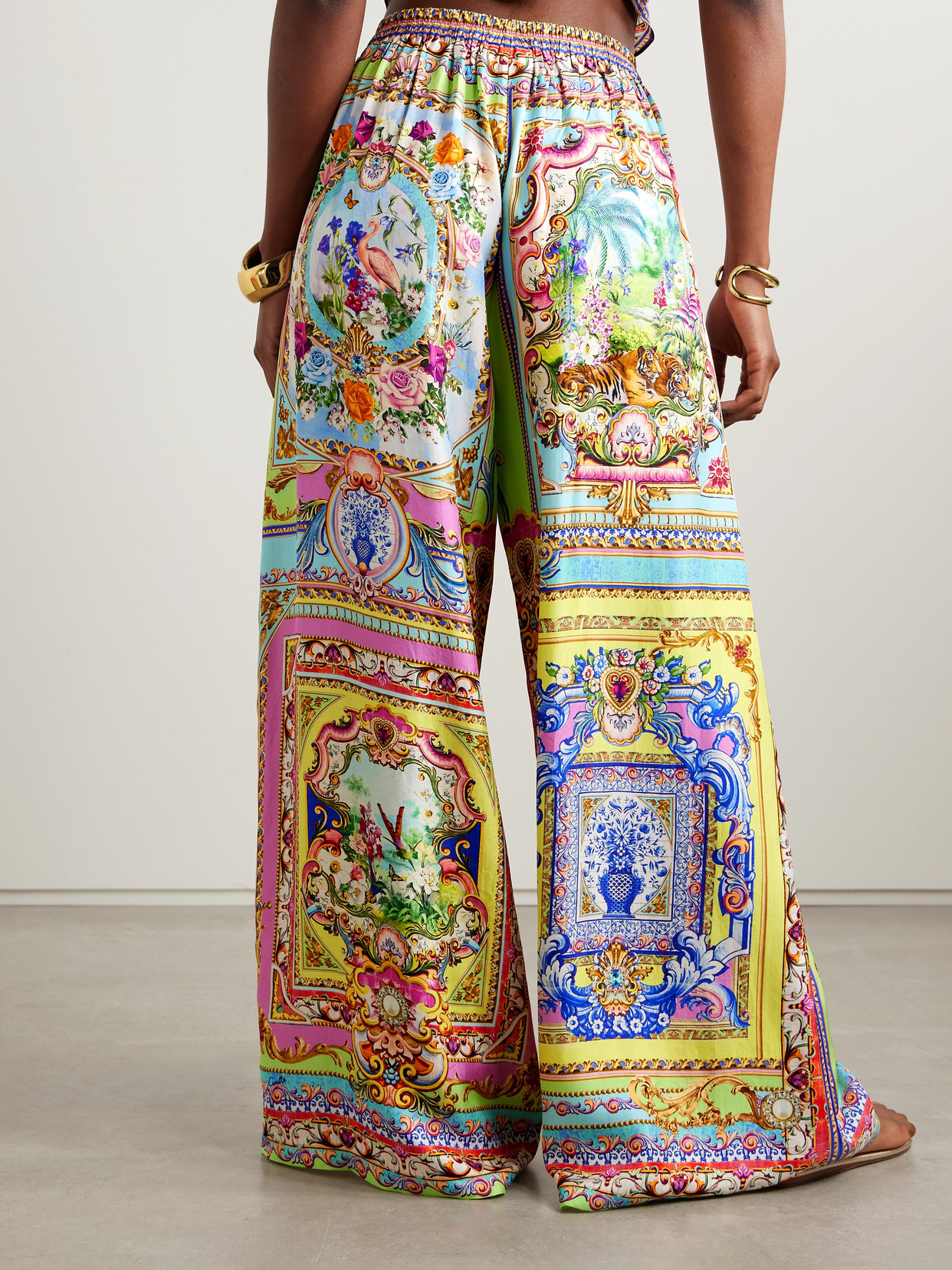 Camilla Pleated Crystal-embellished Printed Silk-twill Wide-leg Pants