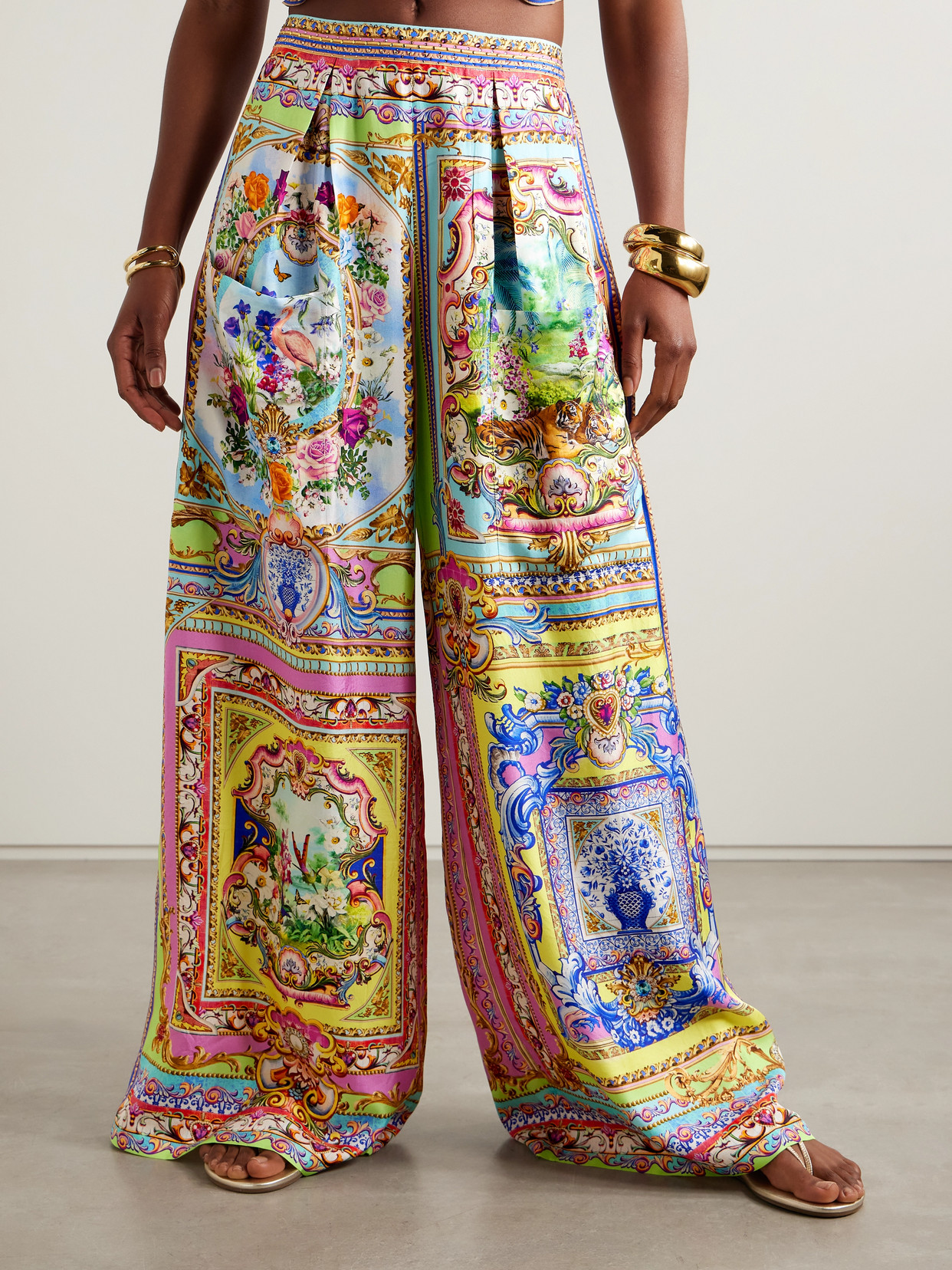 Camilla Pleated Crystal-embellished Printed Silk-twill Wide-leg Pants