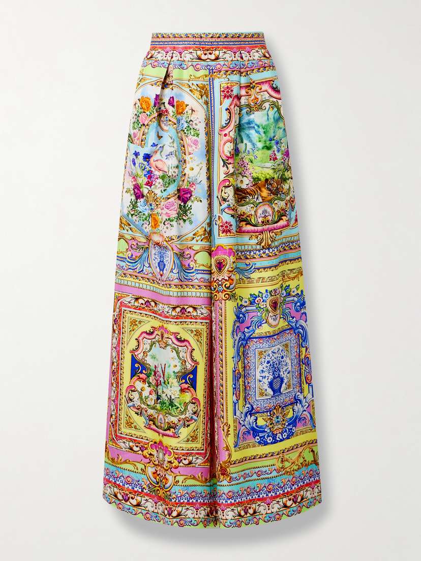 Camilla Pleated Crystal-embellished Printed Silk-twill Wide-leg Pants