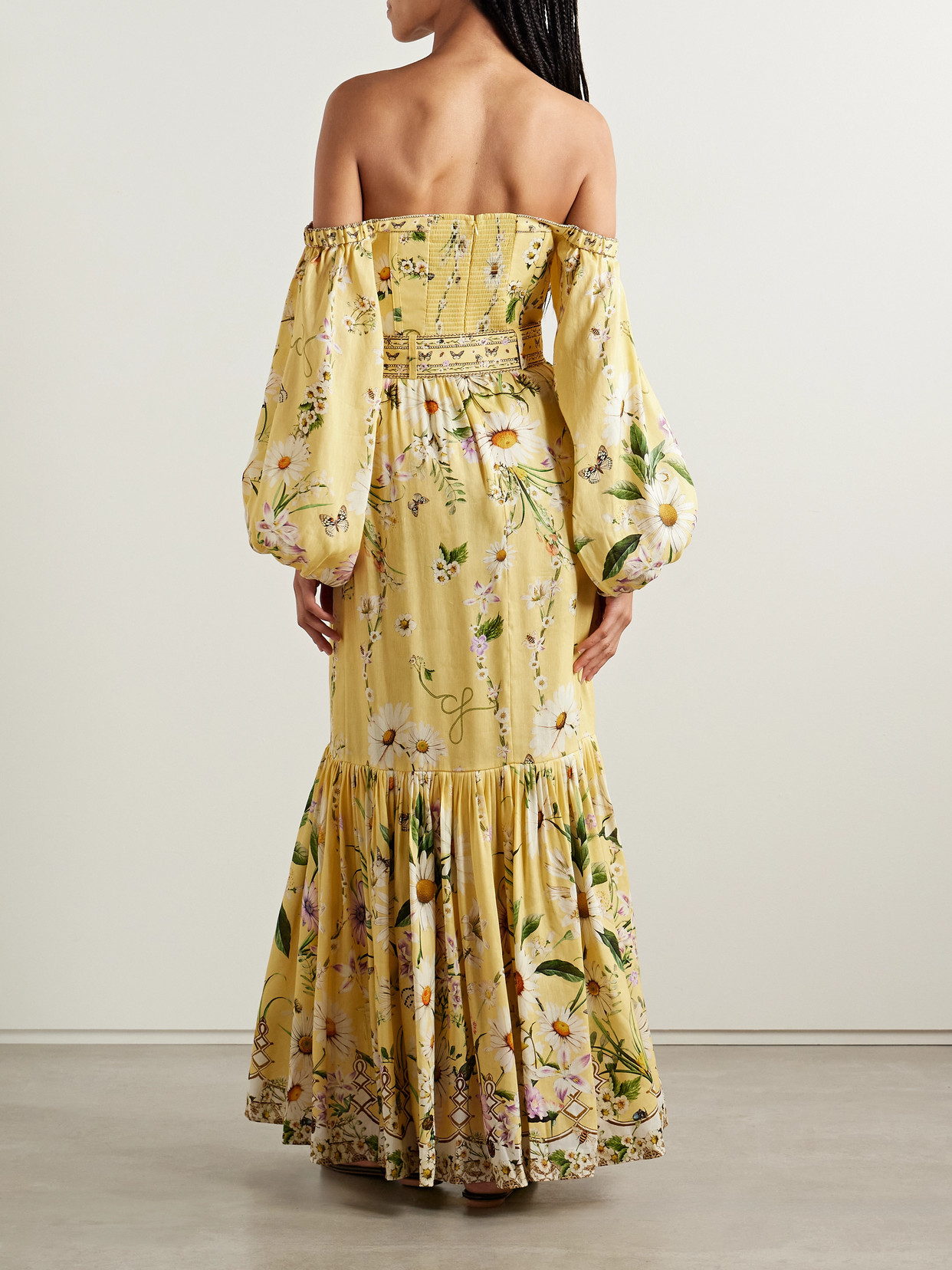 Camilla Off-the-shoulder Gathered Floral-print Linen And Silk-blend Maxi Dress In Yellow