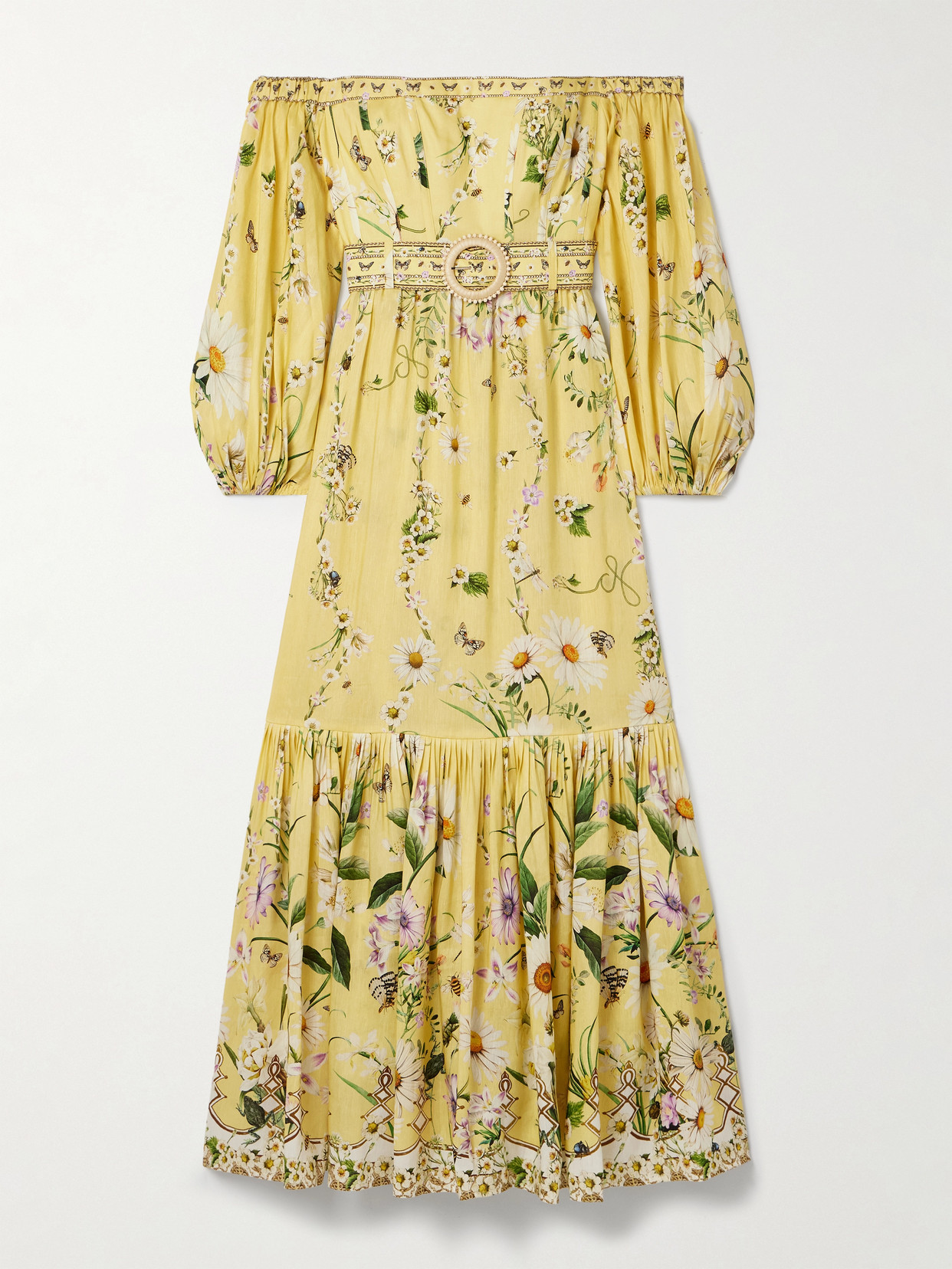 Camilla Off-the-shoulder Gathered Floral-print Linen And Silk-blend Maxi Dress In Yellow