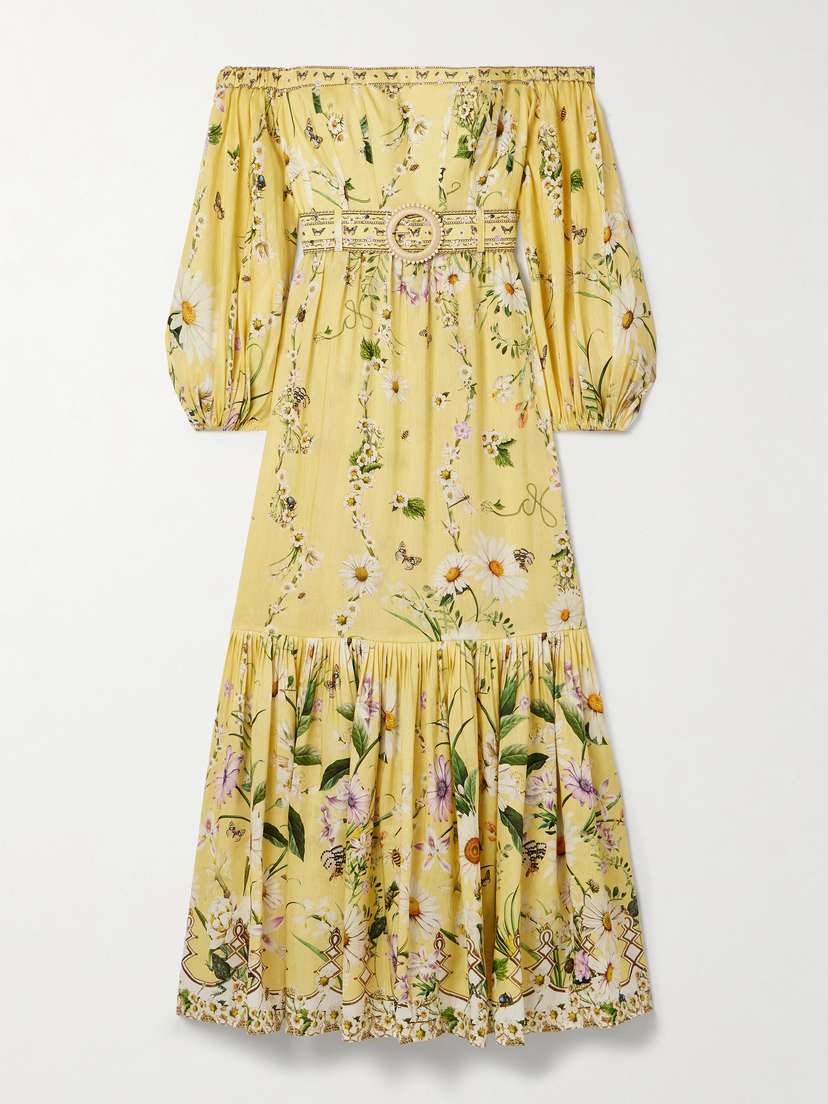 Camilla Off-the-shoulder Gathered Floral-print Linen And Silk-blend Maxi Dress
