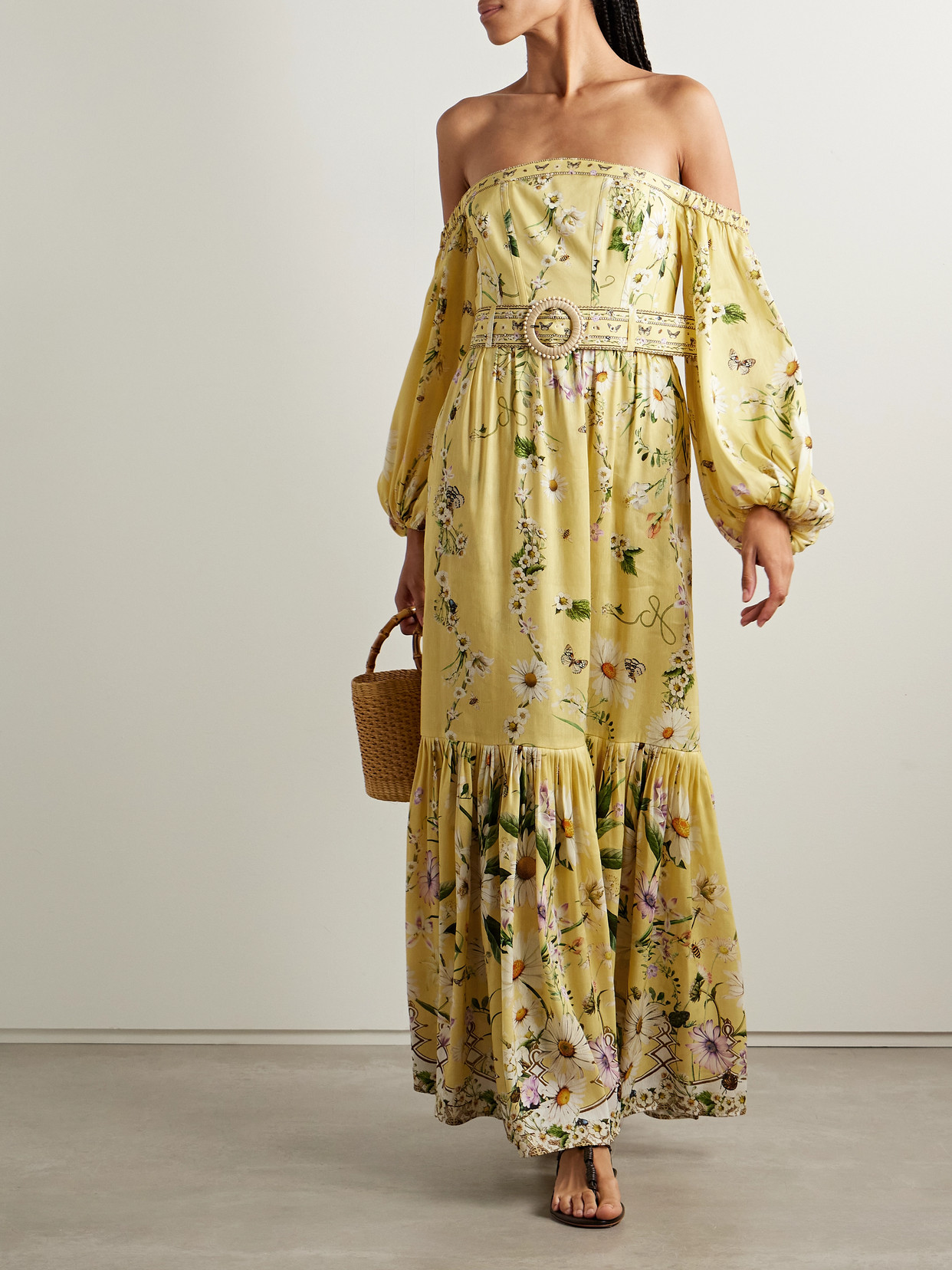 Camilla Off-the-shoulder Gathered Floral-print Linen And Silk-blend Maxi Dress In Yellow