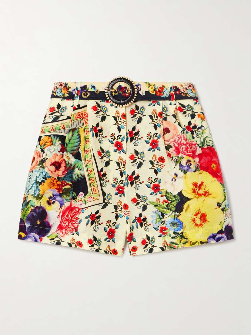 Camilla Belted Printed Linen And Silk-blend Shorts