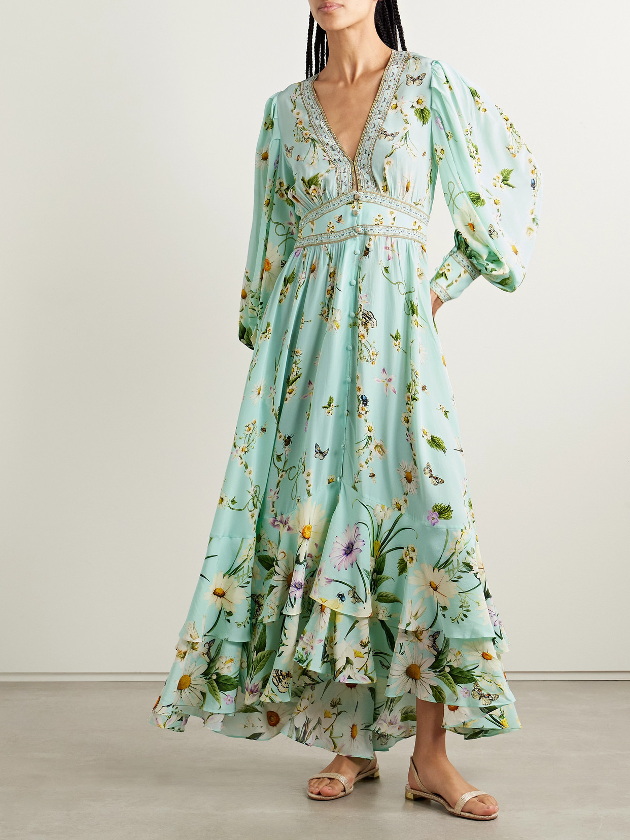 CAMILLA CRYSTAL-EMBELLISHED PRINTED SILK CREPE DE CHINE MAXI DRESS