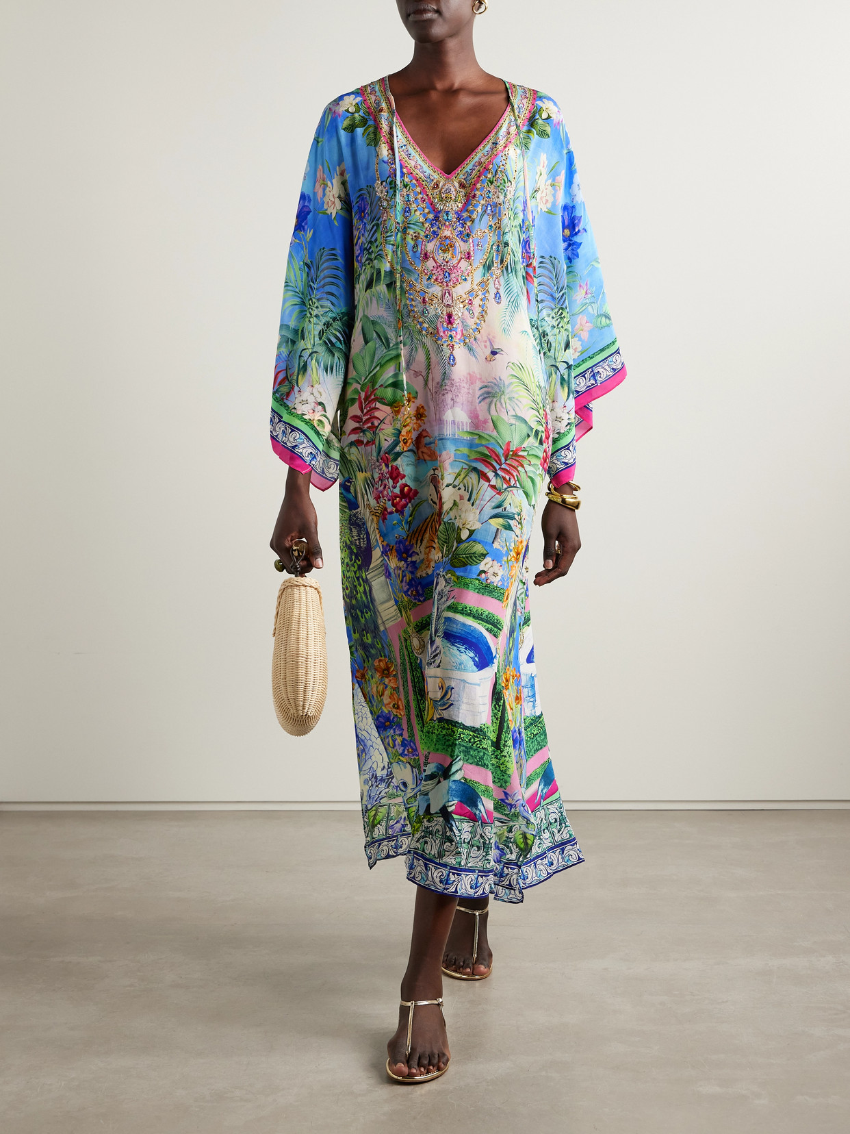 Camilla Crystal-embellished Printed Silk-crepe Kaftan In Multi