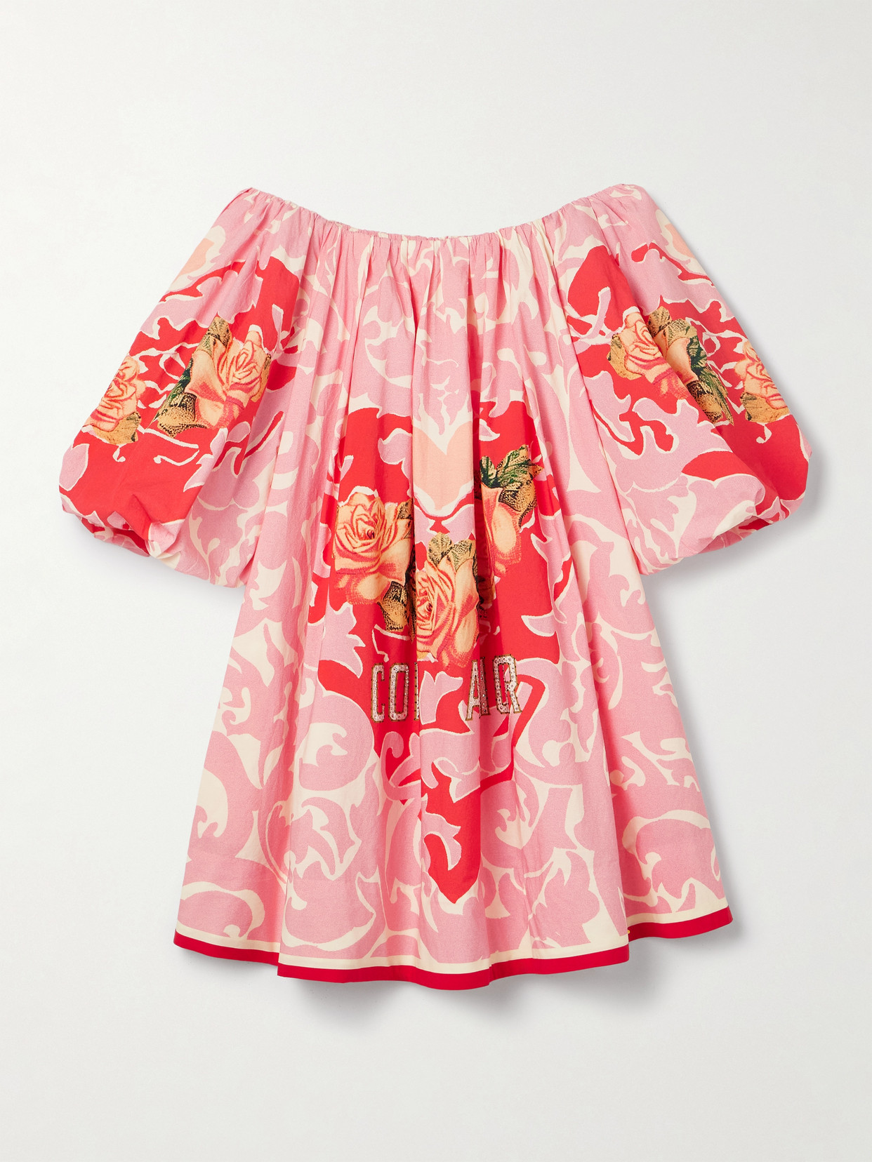 Camilla Off-the-shoulder Crystal-embellished Printed Organic Cotton-poplin Mini Dress In Pink