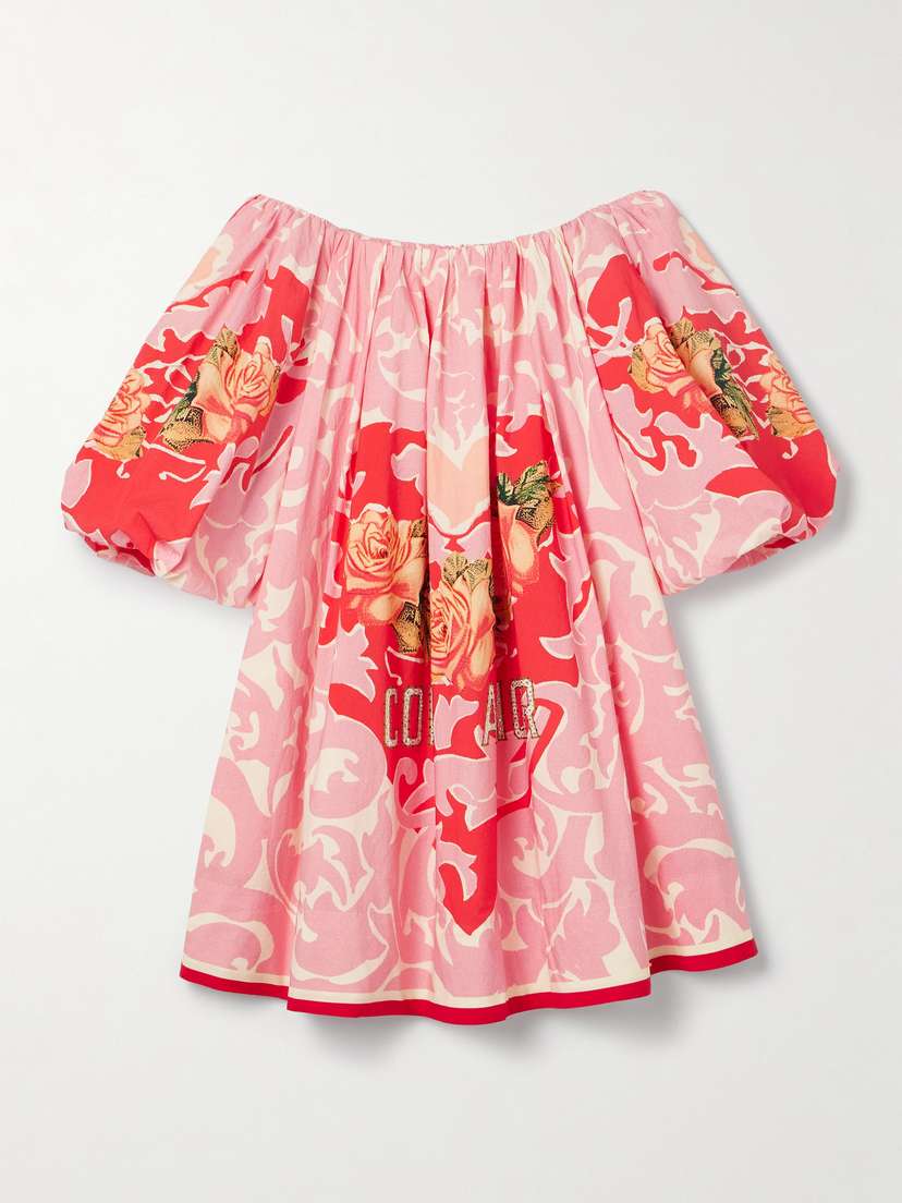 Camilla Off-the-shoulder Crystal-embellished Printed Organic Cotton-poplin Mini Dress