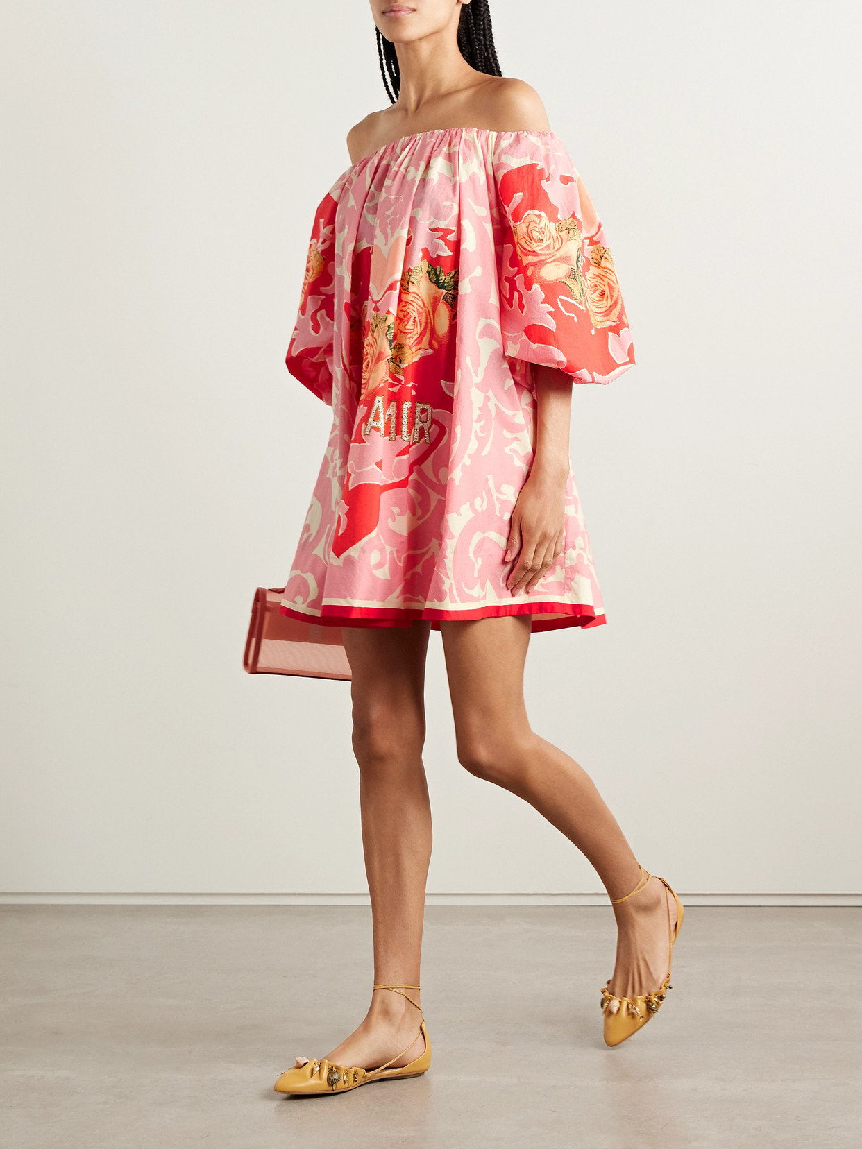 Camilla Off-the-shoulder Crystal-embellished Printed Organic Cotton-poplin Mini Dress In Pink