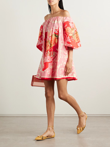 Camilla Off-the-shoulder crystal-embellished printed organic cotton-poplin mini dress