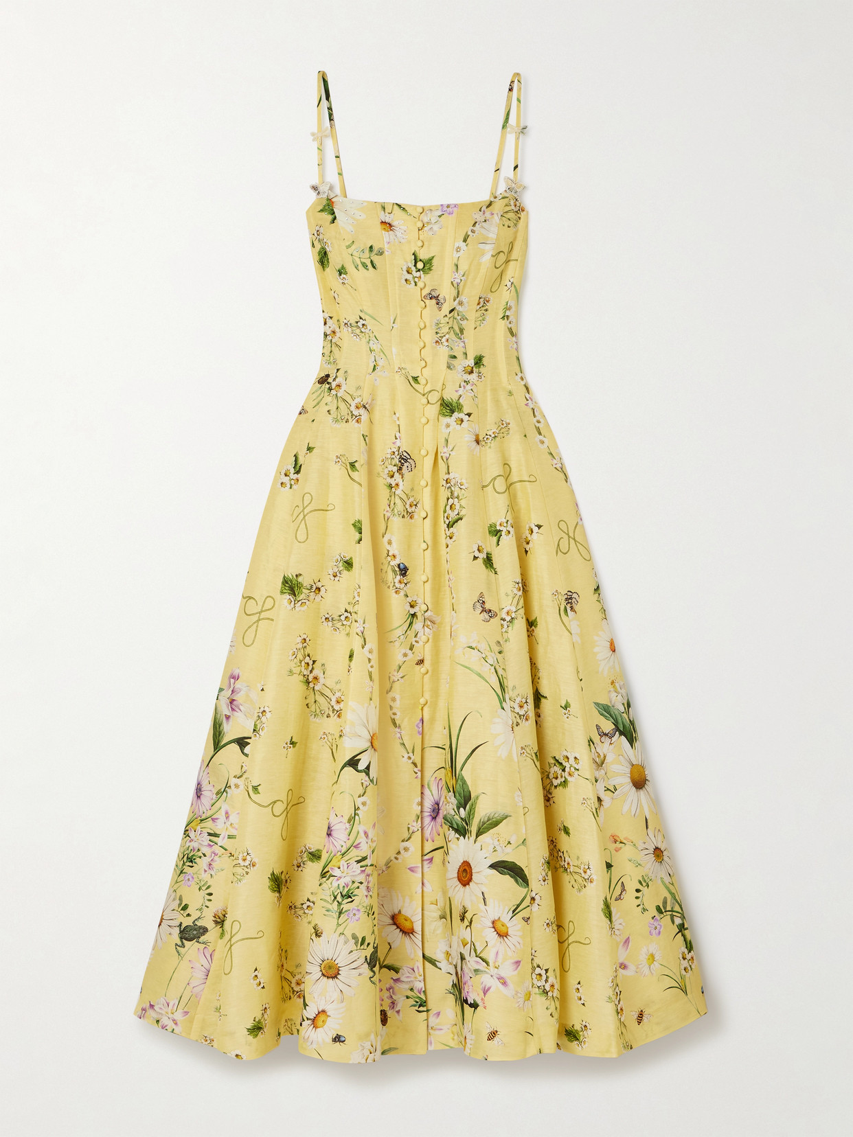 Camilla Crystal-embellished Floral-print Linen And Silk-blend Midi Dress In Yellow