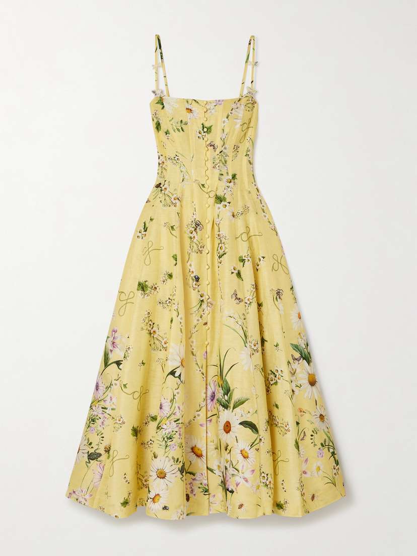 Camilla Crystal-embellished Floral-print Linen And Silk-blend Midi Dress