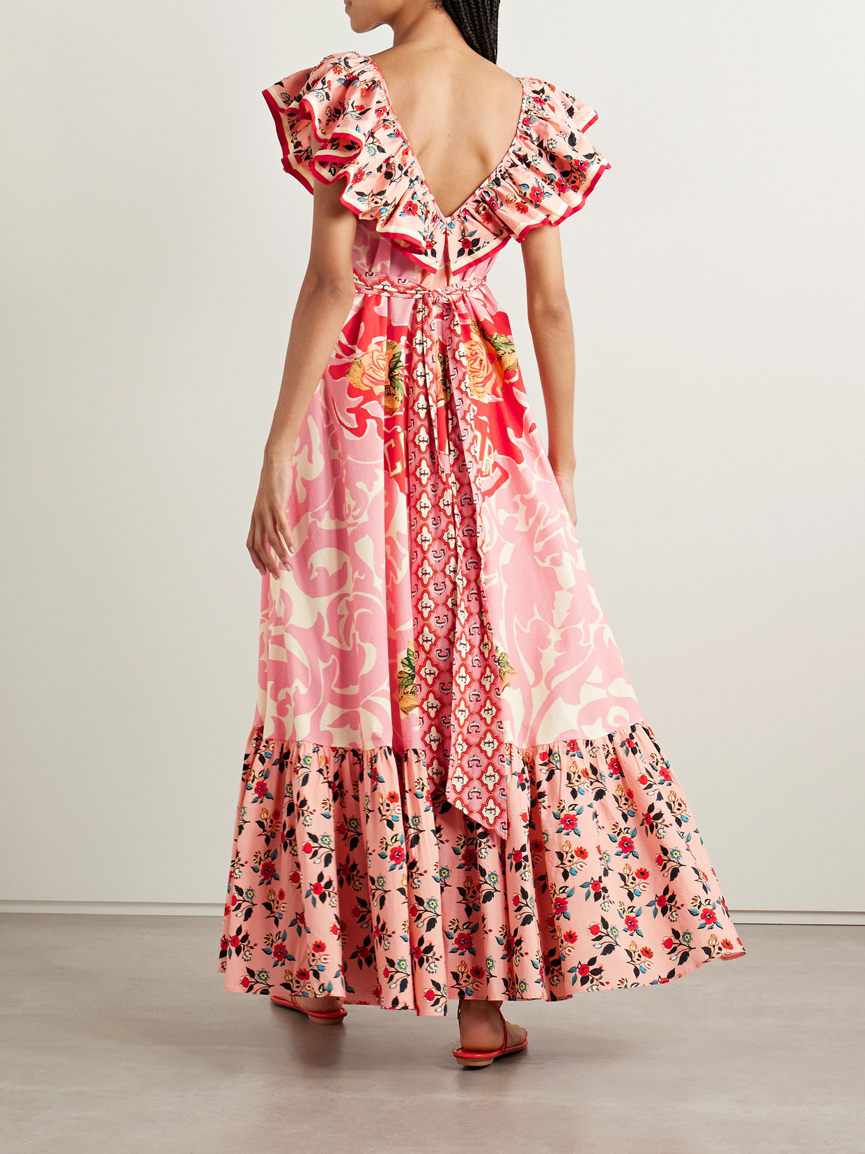Camilla Belted Embellished Ruffled Printed Organic Cotton-poplin Maxi Dress In Pink