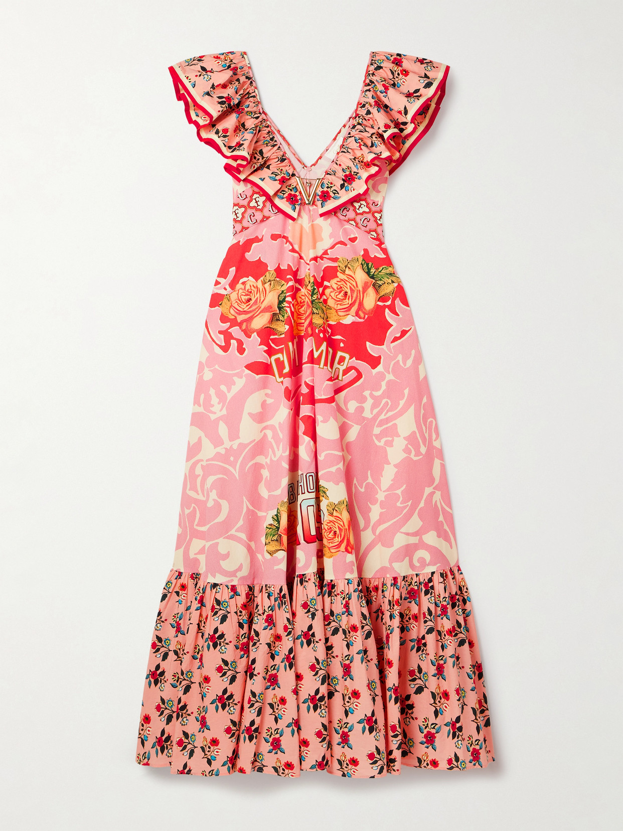 Camilla Belted Embellished Ruffled Printed Organic Cotton-poplin Maxi Dress In Pink