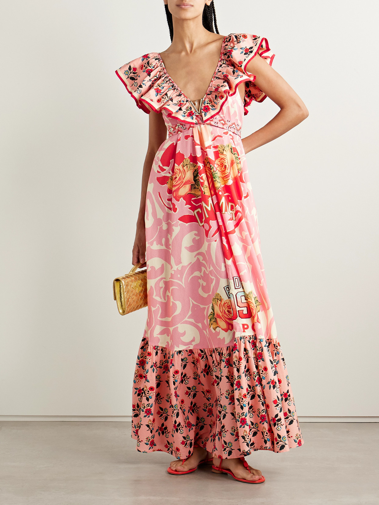Camilla Belted Embellished Ruffled Printed Organic Cotton-poplin Maxi Dress In Pink