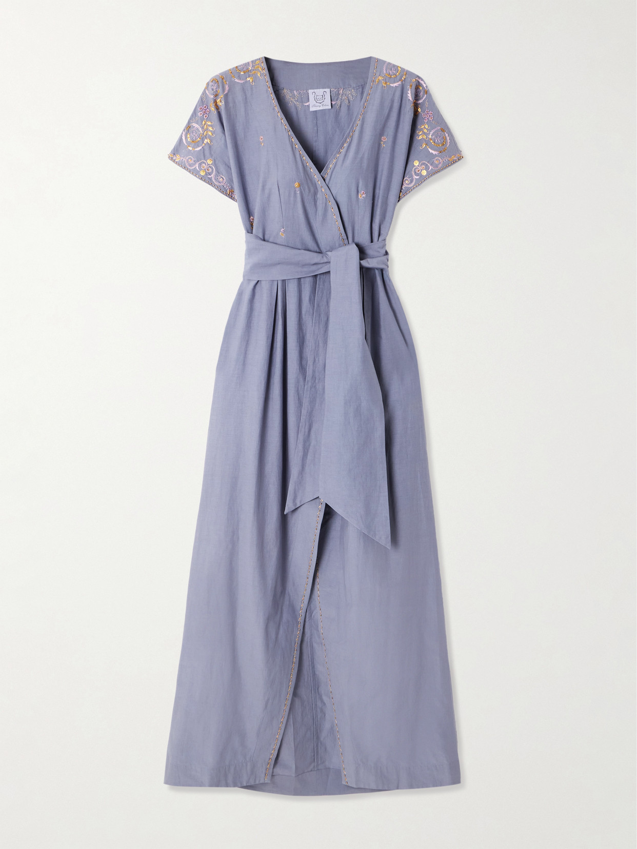 Thierry Colson Embellished Embroidered Cotton And Silk-blend Maxi Wrap Dress In Blue