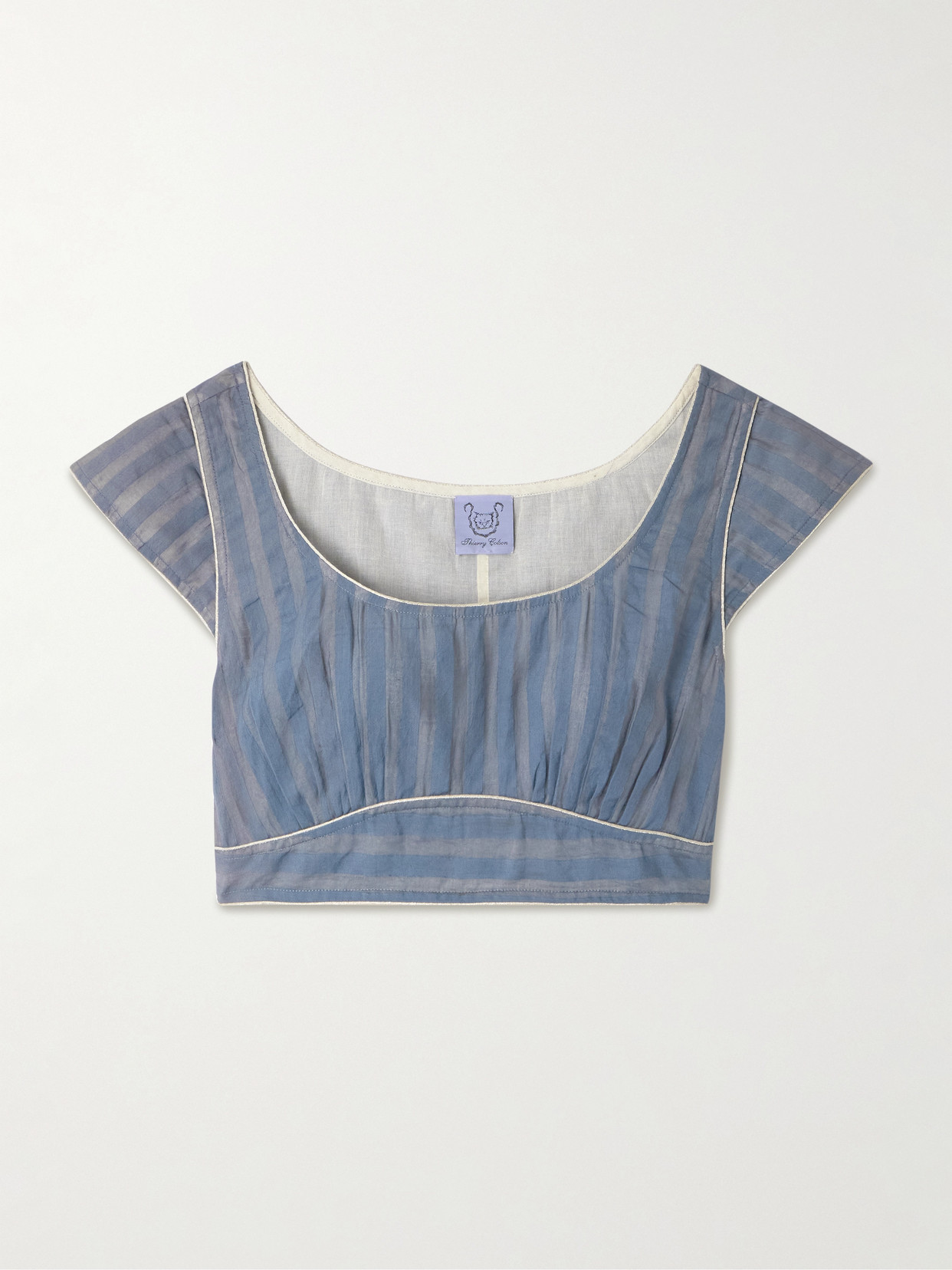 Thierry Colson Delphi Chanderi Cropped Striped Cotton And Silk-blend Top In Blue