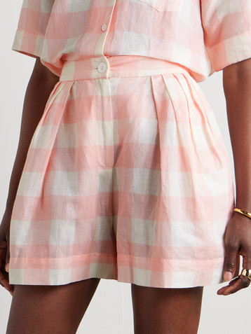 THIERRY COLSON Kenya pleated checked linen and cotton-blend shorts
