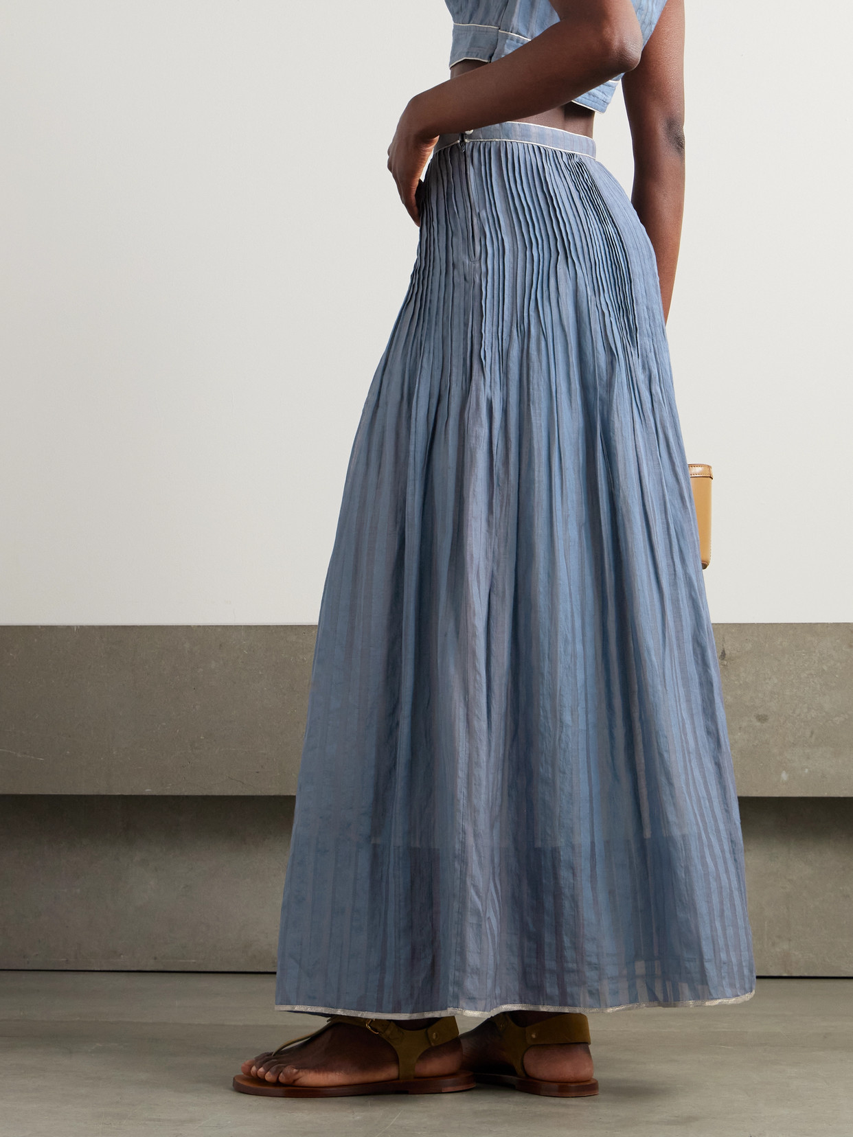 Thierry Colson Delphi Pintucked Striped Cotton And Silk-blend Maxi Skirt In Blue