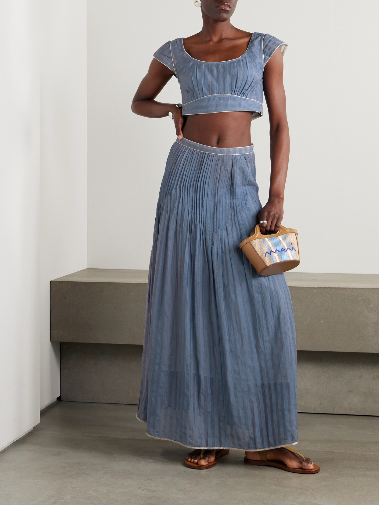 Thierry Colson Delphi Pintucked Striped Cotton And Silk-blend Maxi Skirt In Blue