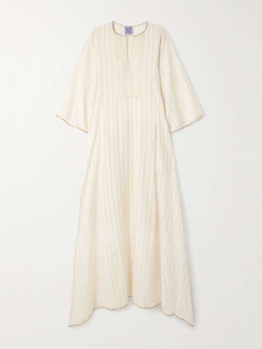 rachel satin-trimmed striped cotton and silk-blend maxi dress