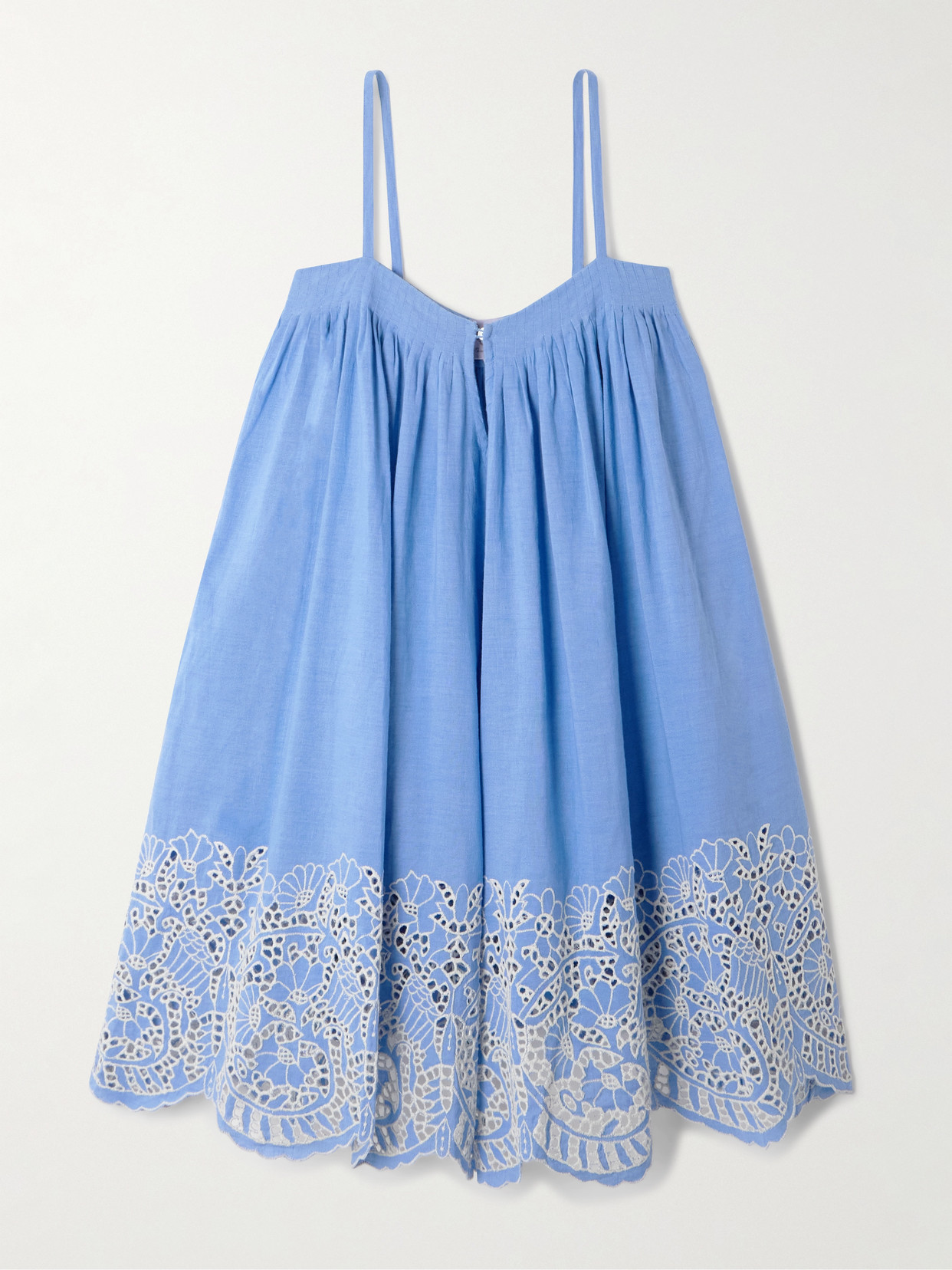 Thierry Colson Zenobia Pleated Broderie Anglaise Linen And Cotton-blend Mini Dress In Blue