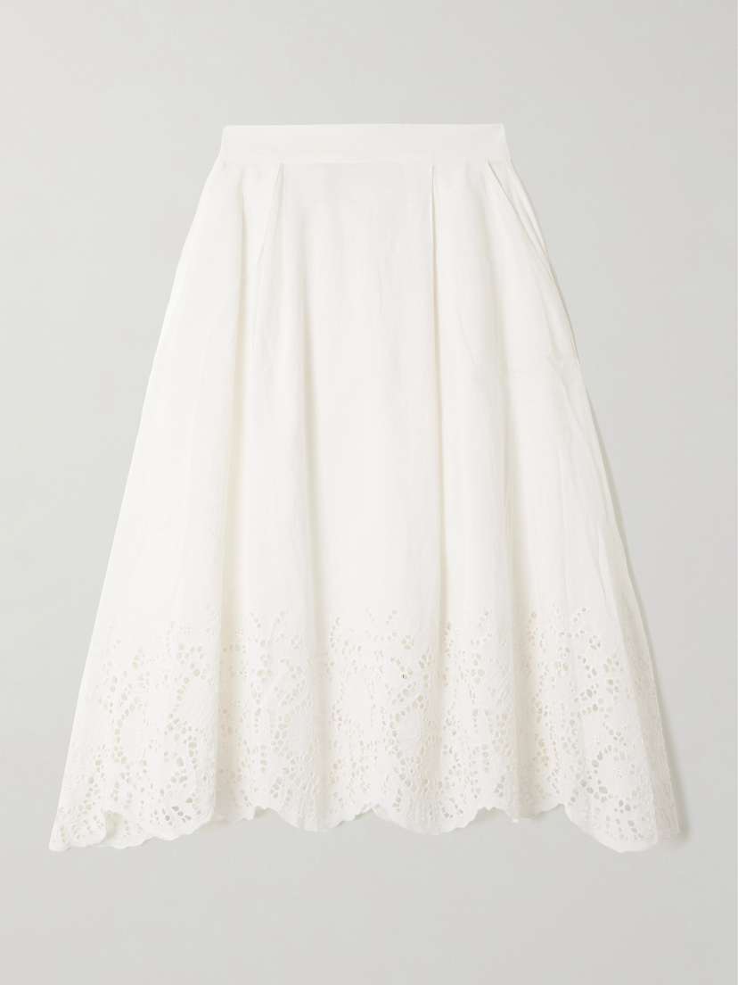 Thierry Colson Wynona Pleated Broderie Anglaise Linen And Cotton-blend Midi Skirt