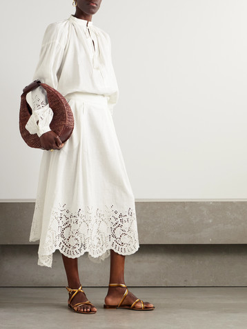 THIERRY COLSON Wynona pleated broderie anglaise linen and cotton-blend midi skirt