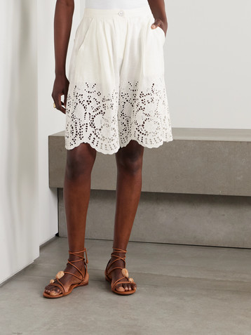 THIERRY COLSON Scalloped pleated broderie anglaise linen and cotton-blend shorts