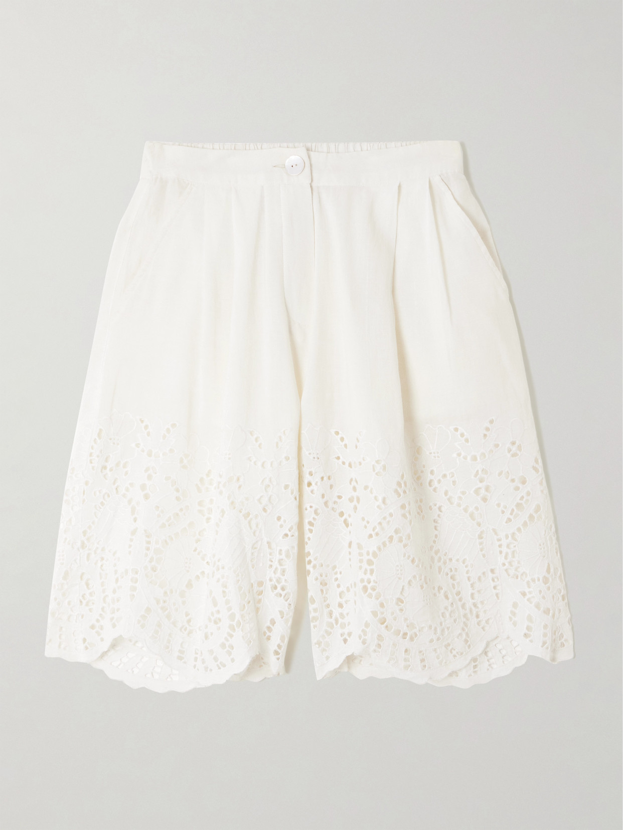Thierry Colson Scalloped Pleated Broderie Anglaise Linen And Cotton-blend Shorts In Off-white