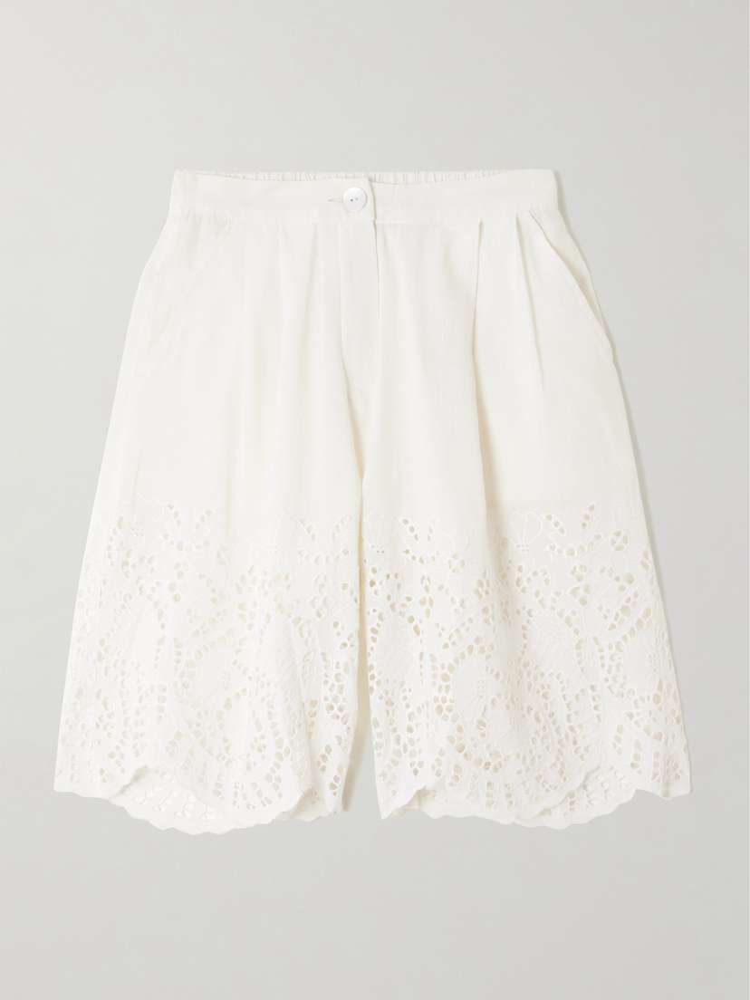 Thierry Colson Scalloped Pleated Broderie Anglaise Linen And Cotton-blend Shorts